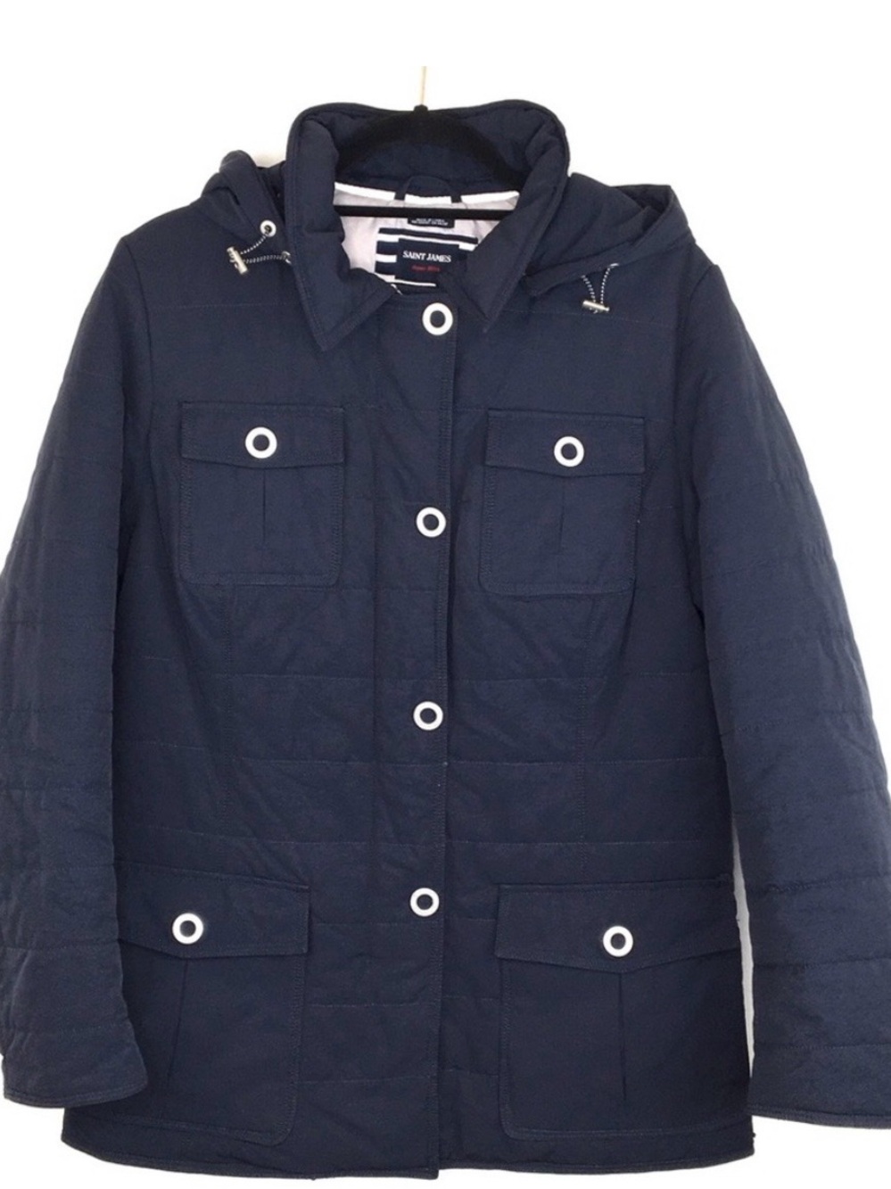 Saint James Navy Quilted Hooded Coat with Contrast Grommets